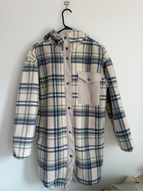 Teddy Plaid Long Shacket Jacket - Cream & Blue